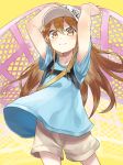  1girl arms_up blue_shirt blush brown_eyes brown_hair collarbone flat_cap hat hataraku_saibou highres long_hair looking_at_viewer platelet_(hataraku_saibou) rice_(okome_no_naru_ki) shirt shorts smile solo wind wind_lift 