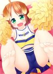  1girl :d ahoge animal_ears barefoot cheerleader collarbone commentary_request dog_ears eyebrows_visible_through_hair fang feet green_eyes inuarashi looking_at_viewer meiko_(inuarashi) midriff_peek navel open_mouth orange_hair original outstretched_arms pom_poms short_hair skirt smile soles solo tank_top toes 