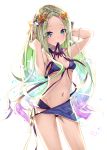  1girl abigail_williams_(fate/grand_order) bikini blonde_hair blue_bikini blue_eyes blush bow breasts closed_mouth commentary_request eyebrows_visible_through_hair fate/grand_order fate_(series) gradient_hair green_hair hair_bow highres long_hair looking_at_viewer medium_breasts mouth_hold multicolored_hair navel orange_bow polka_dot polka_dot_bow purple_hair purple_ribbon ribbon sho_(runatic_moon) simple_background smile solo swimsuit white_background 