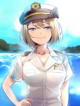  1girl alternate_costume blue_eyes breasts brown_hair cleavage grin hand_on_hip hat japan_maritime_self-defense_force japan_self-defense_force kantai_collection large_breasts maya_(kantai_collection) military military_hat military_uniform primary_stage short_hair short_sleeves smile solo twitter_username uniform upper_body 