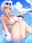  1girl alternate_costume arm_support armpits azur_lane baggy_clothes bangs bikini blue_eyes breasts cleavage coat collarbone cowboy_shot cross cross_earrings day earrings erect_nipples eyebrows_visible_through_hair eyewear_on_head hair_between_eyes hand_up head_tilt highres jewelry large_breasts looking_at_viewer open_mouth outdoors partially_submerged ranju_aira scarf short_hair sidelocks silver_hair sitting skindentation solo stomach sunglasses swimsuit thighs tirpitz_(azur_lane) white_bikini white_coat white_scarf wind yokozuwari 