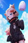  1girl :o abigail_williams_(fate/grand_order) balloon bangs black_bow black_jacket blonde_hair blue_eyes blue_sky blush bow clouds commentary_request day fate/grand_order fate_(series) hair_bow hair_bun hand_up holding holding_balloon jacket long_hair long_sleeves looking_at_viewer medjed object_hug orange_bow outdoors parted_bangs parted_lips sky sleeves_past_fingers sleeves_past_wrists solo standing stuffed_animal stuffed_toy teddy_bear yamyom 