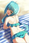  1girl aqua_bikini ass back beach bikini blue_eyes blush day frilled_bikini frills from_above hair_ribbon kantai_collection kasumi_(kantai_collection) long_hair looking_at_viewer looking_up lying on_stomach open_mouth outdoors pooor ribbon sand shadow side_ponytail silver_hair smile striped_towel swimsuit towel white_ribbon 