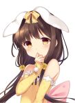  1girl aimu_(ai_mu3) animal_ears back_bow bare_shoulders bow brown_hair covering_mouth flower_knight_girl hair_bow helenium_(flower_knight_girl) long_hair pink_bow rabbit_ears shy simple_background solo tears upper_body white_background yellow_bow yellow_eyes 