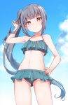  1girl bangs bikini bikini_skirt blue_bikini blue_sky blush breasts brown_eyes cleavage collarbone day eyebrows_visible_through_hair frilled_bikini frills from_below gluteal_fold grey_hair groin hair_ribbon hand_on_hip hand_up head_tilt highres kantai_collection kasumi_(kantai_collection) konnyaku_(kk-monmon) long_hair looking_at_viewer navel outdoors remodel_(kantai_collection) ribbon side_ponytail sidelocks sky small_breasts solo stomach swimsuit thighs tsundere 