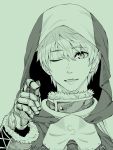  1boy absurdres arthur_pendragon_(fate) bangs commentary_request eyebrows_visible_through_hair fate/grand_order fate_(series) green green_background hair_between_eyes hand_up highres hood hood_up looking_at_viewer male_focus monochrome natsushiro one_eye_closed open_mouth portrait simple_background solo 