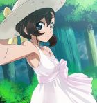  1girl :o armpits blue_eyes brown_hair dress eyebrows_visible_through_hair forest gegege_no_kitarou haruyama_kazunori hat inuyama_mana looking_at_viewer nature short_hair short_ponytail side_ponytail sleeveless sleeveless_dress solo standing tree white_dress white_hat 