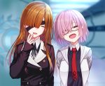  2girls :d black_ribbon black_shirt blush brown_hair closed_eyes eyebrows_visible_through_hair eyepatch fate/grand_order fate_(series) glasses hair_over_one_eye head_tilt jacket long_hair mash_kyrielight mizunashi_hayate multiple_girls neck_ribbon necktie open_clothes open_jacket open_mouth ophelia_phamrsolone pink_hair red_neckwear ribbon shirt short_hair smile upper_body white_jacket 