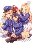  3girls :d andou_(girls_und_panzer) bangs bc_freedom_military_uniform black_footwear black_hair blonde_hair blue_eyes blue_jacket blue_vest blush boots brown_eyes closed_mouth commentary_request crossed_arms crown dark_skin dress_shirt drill_hair eyebrows_visible_through_hair from_side frown girls_und_panzer green_eyes hands_on_another&#039;s_head high_collar highres indian_style jacket knee_boots kneeling light_frown long_hair long_sleeves looking_at_another looking_back marie_(girls_und_panzer) medium_hair messy_hair military military_uniform miniskirt multiple_girls open_mouth oshida_(girls_und_panzer) pleated_skirt shirt sitting skirt smile takitarou uniform vest white_shirt white_skirt 