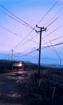  absurdres clouds cloudy_sky danfango fence highres landscape night no_humans original outdoors power_lines road scenery sign sky star_(sky) starry_sky 