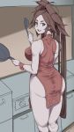 1girl ass bare_shoulders breasts brown_eyes brown_hair china_dress chinese_clothes dress frying_pan guilty_gear hair_ornament hairclip highres kitchen kuma_(jk0073) kuradoberi_jam ladle large_breasts looking_at_viewer looking_back pelvic_curtain red_dress sleeveless sleeveless_dress smile solo twintails work_in_progress