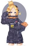  1girl abigail_williams_(fate/grand_order) alternate_hairstyle bandaid_on_forehead bangs belt black_bow black_jacket blonde_hair blue_eyes blush bow fate/grand_order fate_(series) forehead hair_bow hair_bun hand_gesture high_collar highres holding holding_stuffed_animal jacket long_hair looking_at_viewer open_mouth orange_bow parted_bangs polka_dot polka_dot_bow simple_background sleeves_past_fingers sleeves_past_wrists solo sparkle stuffed_animal stuffed_toy teddy_bear thighs v white_background yuuki_nao_(pixiv10696483) 