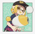  1girl bangs black_border black_hat blonde_hair blue_shirt blunt_bangs border check_commentary commentary_request domino_mask dutch_angle fangs gomi_(kaiwaresan44) hat holding holding_weapon inkling looking_at_viewer luna_blaster_(splatoon) super_mario_bros. mask open_mouth outside_border paint_splatter pointy_ears print_hat print_shirt shirt short_hair short_sleeves single_vertical_stripe smile solo space_invaders splatoon standing super_mario_bros. tentacle_hair upper_body weapon yellow_eyes yellow_tongue 