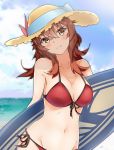  1girl absurdres alternate_breast_size arashi_(kantai_collection) beach bikini blush breasts brown_eyes cleavage collarbone day eyebrows_visible_through_hair front-tie_bikini front-tie_top hair_between_eyes harukawa_(hal501) hat highres kantai_collection looking_at_viewer medium_breasts medium_hair messy_hair mordred_(fate) mordred_(fate)_(all) mordred_(fate)_(cosplay) navel outdoors red_bikini redhead saber_of_red saber_of_red_(cosplay) side-tie_bikini smile solo straw_hat sun_hat surfboard swimsuit upper_body 