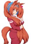  1girl animal_ears blush breasts brown_hair clenched_hand daiwa_scarlet fang hair_intakes horse_ears horse_girl horse_tail large_breasts long_hair looking_at_viewer mdf_an open_mouth pants red_eyes smile solo standing tail tiara track_pants twintails umamusume very_long_hair 