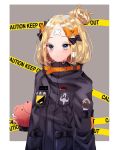  1girl abigail_williams_(fate/grand_order) bangs black_bow black_jacket blonde_hair blue_eyes blush bow caution_tape closed_mouth commentary_request eyebrows_visible_through_hair fate/grand_order fate_(series) fingernails grey_background haga hair_bow hair_bun highres jacket long_hair long_sleeves looking_at_viewer object_hug orange_bow parted_bangs polka_dot polka_dot_bow sleeves_past_fingers sleeves_past_wrists solo stuffed_animal stuffed_toy teddy_bear two-tone_background upper_body white_background 