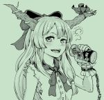  1girl absurdres bangs blush bow can chains commentary_request fangs green_background hair_bow highres holding holding_can horn_bow horns ibuki_suika long_hair looking_at_viewer monochrome natsushiro open_mouth sidelocks solo touhou upper_body 