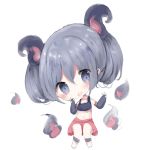  1girl :d bare_shoulders barefoot black_gloves blush chibi cottontailtokki crop_top curled_horns elbow_gloves fingerless_gloves full_body gloves grey_eyes grey_hair head_tilt horns looking_at_viewer open_mouth original puffy_shorts red_shorts round_teeth short_hair short_shorts shorts smile solo teeth upper_teeth 