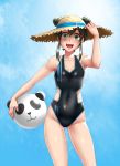  1girl :d bare_shoulders black_hair black_swimsuit collarbone commentary commission covered_navel double_bun english_commentary fang green_eyes hair_between_eyes hair_through_headwear hand_on_headwear handa_sasami hat highres looking_at_viewer one-piece_swimsuit open_mouth shuukan_shounen_hachi smile solo straw_hat swimsuit twrlare 