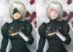  1girl black_blindfold black_dress black_hairband blindfold breasts cleavage_cutout dress feather-trimmed_sleeves glowing glowing_eyes hairband looking_at_viewer medium_breasts mole mole_under_mouth nier_(series) nier_automata pale_skin parted_lips red_eyes short_hair silver_hair upper_body watanabe_yasuaki yorha_no._2_type_b 