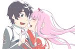  1boy 1girl bangs black_hair blush closed_eyes commentary_request couple darling_in_the_franxx eyebrows_visible_through_hair fingernails green_eyes hair_ornament hairband hand_holding hetero hiro_(darling_in_the_franxx) horns long_hair long_sleeves military military_uniform necktie oni_horns orange_neckwear pandagapandade pink_hair red_horns red_neckwear short_hair uniform white_hairband zero_two_(darling_in_the_franxx) 