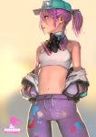  1girl bare_shoulders fortnite gas_mask gluteal_fold halterneck hat highres jacket looking_to_the_side midriff navel parted_lips pink_hair ponytail profile skin_tight solo tororoto 