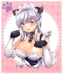  1girl animal_ears argyle argyle_background azur_lane bangs bare_shoulders belfast_(azur_lane) black_gloves blue_eyes blush breasts broken broken_chain cat_ears chain chains cleavage collar commentary_request elbow_gloves eyebrows_visible_through_hair french_kiss frills gloves grey_hair kemonomimi_mode kiss large_breasts long_hair maid_headdress mozzarella open_mouth paw_pose paws shiny shiny_hair solo upper_body wavy_hair 
