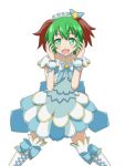  1girl :d alternate_costume animal_ears boots cato_(monocatienus) commentary_request cross-laced_footwear dress green_eyes green_hair kasodani_kyouko looking_at_viewer open_mouth short_hair simple_background smile solo thigh-highs thigh_boots touhou white_background 