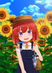  1girl admiral_(kantai_collection) alternate_costume ascot bag blue_sky boater_hat bob_cut braid character_doll clouds cloudy_sky collared_shirt day dress etorofu_(kantai_collection) field flower flower_field fuyube_gin_(huyube) hair_ribbon kantai_collection looking_at_viewer outdoors overalls pinafore_dress redhead ribbon shirt short_sleeves sky smile solo sunflower thick_eyebrows twin_braids umbrella violet_eyes white_ribbon white_shirt yellow_neckwear 