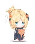  1girl :t abigail_williams_(fate/grand_order) bangs barefoot black_bow black_jacket blonde_hair blue_eyes blush bow chibi closed_mouth cottontailtokki eyebrows_visible_through_hair fate/grand_order fate_(series) hair_bow hair_bun jacket long_hair long_sleeves looking_at_viewer object_hug orange_bow parted_bangs polka_dot polka_dot_bow seiza sitting sleeves_past_fingers sleeves_past_wrists solo stuffed_animal stuffed_toy teddy_bear v-shaped_eyebrows white_background 