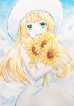  1girl blonde_hair braid dress flower green_eyes hat highres lillie_(pokemon) long_hair mio_momalulu open_mouth pokemon pokemon_(game) pokemon_sm signature sleeveless sleeveless_dress solo standing sun_hat sunflower twin_braids white_dress white_hat 