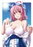  1girl absurdres bare_arms bare_shoulders blue_dress blue_hat blue_sash blue_sky blush border breasts center_frills cleavage clouds collarbone commentary_request day dress eyebrows_visible_through_hair hair_between_eyes hand_up hat highres hot large_breasts long_sleeves looking_at_viewer looking_to_the_side mob_cap nori_tamago open_mouth outdoors outside_border pink_hair red_eyes saigyouji_yuyuko shiny shiny_skin short_hair sky solo spaghetti_strap sun sweat touhou triangular_headpiece upper_body veil white_border wide_sleeves 