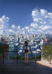  1girl black_hair blurry building city cityscape clouds cloudy_sky commentary depth_of_field flower from_behind grass hand_to_head highres kagumanikusu looking_afar original railing scenery school_uniform serafuku shade sky skyscraper summer tree wind 