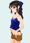  1girl bare_shoulders black_hair blue_bow blush bow brown_eyes camisole collarbone commentary_request cowboy_shot hair_bow half_updo highres idolmaster idolmaster_cinderella_girls long_hair looking_at_viewer navel nekoi_mie parted_lips pulled_by_self short_shorts shorts shorts_pull simple_background solo sweat tachibana_arisu 
