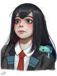  1girl asui_tsuyu bangs black_hair boku_no_hero_academia brown_eyes closed_mouth collared_shirt dress_shirt eyebrows eyeliner highres lips long_hair makeup mascara messy_hair necktie nose parted_bangs randy_(awesomevillage) red_neckwear school_uniform shiny shiny_hair shirt simple_background solo source_request upper_body white_background white_shirt wide-eyed wing_collar 