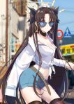  1girl absurdres belt black_legwear black_ribbon blue_shorts blue_sky blurry blurry_background breasts brown_hair casual changpan_hutao choker cleavage collarbone day dress_shirt earrings eyebrows_visible_through_hair fate/grand_order fate_(series) floating_hair hair_ribbon highres ishtar_(fate/grand_order) jewelry long_hair medium_breasts midriff navel off_shoulder open_clothes open_shirt outdoors parted_lips ribbon shirt short_shorts shorts sky solo standing stomach sunglasses thigh-highs tied_shirt tohsaka_rin twintails very_long_hair violet_eyes white_shirt 