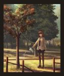  1girl black_border border brown_hair chinese_commentary commentary_request fence highres holding necktie noose original pantyhose scenery school_uniform smile solo tree watering watering_can yurichtofen 