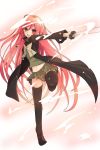  1girl alastor_(shakugan_no_shana) black_cape black_legwear bow cape floating_hair full_body grey_bow grey_neckwear hair_between_eyes holding holding_sword holding_weapon jewelry katana leg_up long_hair looking_at_viewer midriff miniskirt navel necklace open_mouth outstretched_arm pleated_skirt red_eyes redhead school_uniform shakugan_no_shana shana shirt skirt solo standing standing_on_one_leg stomach sword thigh-highs very_long_hair weapon white_background 