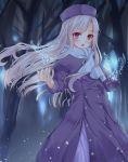  1girl eyebrows_visible_through_hair fate/stay_night fate_(series) floating_hair forest hat hypertan illyasviel_von_einzbern long_hair nature night open_mouth outdoors purple_coat purple_hat scarf silver_hair solo standing very_long_hair violet_eyes white_scarf 