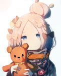  1girl abigail_williams_(fate/grand_order) absurdres bangs black_jacket blonde_hair blue_eyes blush bow closed_mouth commentary_request eyebrows_visible_through_hair fate/grand_order fate_(series) hair_bow hair_bun hands_up head_tilt highres holding holding_stuffed_animal jacket long_hair long_sleeves looking_at_viewer orange_bow parted_bangs polka_dot polka_dot_bow re:rin red_bow sleeves_past_wrists smile solo stuffed_animal stuffed_toy teddy_bear 