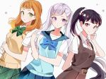  3girls alternate_costume black_clover blush bow bowtie green_eyes joman lavender_hair mimosa_vermilion multiple_girls necktie noelle_silva orange_hair parted_lips pink_eyes ponytail sailor_collar school_uniform serafuku short_sleeves simple_background skirt smile twintails violet_eyes white_background 