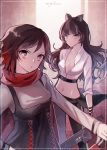  2girls alternate_costume black_hair blake_belladonna bow breasts cape cleavage commentary corset crescent_rose ecru gambol_shroud hair_bow multicolored_hair multiple_girls navel redhead ruby_rose rwby twitter_username two-tone_hair yellow_eyes 