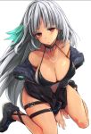  1girl azur_lane bare_shoulders between_legs bikini_top black_bikini_top black_choker black_footwear black_jacket breasts choker cleavage closed_mouth collarbone colored_eyelashes dark_skin eyelashes facial_mark feathers forehead_mark hair_feathers halter_top halterneck hand_between_legs highres jacket kaede_momiji large_breasts long_sleeves looking_at_viewer massachusetts_(azur_lane) native_american open_clothes open_jacket red_eyes silver_hair simple_background solo thigh_strap thighs v_arms white_background 