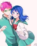  1boy 1girl :o aqua_skirt blue_eyes blue_hair blush bow glasses hair_ornament hetero joman long_hair pink_background pink_hair red_bow saiki_kusuo saiki_kusuo_no_psi_nan school_uniform serafuku short_hair simple_background skirt smile standing sunglasses sweatdrop teruhashi_kokomi 