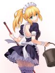  1girl alternate_costume apron artoria_pendragon_(all) back_bow backless_dress backless_outfit black_dress blonde_hair bow broom cowboy_shot dress enmaided eyebrows_visible_through_hair fate/stay_night fate_(series) floating_hair from_behind green_eyes hair_between_eyes head_tilt highres holding holding_broom long_hair looking_at_viewer looking_back maid maid_headdress ponytail saber shiny shiny_skin short_dress short_sleeves sidelocks simple_background smile solo thigh-highs thigh_strap white_apron white_background white_bow wrist_cuffs 