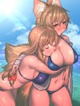  2girls animal_ears bare_shoulders beach bikini blue_bikini blush breasts brown_eyes brown_hair cleavage closed_eyes clouds eyebrows eyebrows_visible_through_hair fox_ears fox_tail hair_between_eyes hair_ribbon hand_on_another&#039;s_back hand_on_own_stomach heart highres jacket large_breasts long_hair masanaga_(tsukasa) multiple_girls multiple_tails navel ocean purple_bikini ribbon shiny shiny_skin short_hair skindentation sky spoken_heart sunlight sweatdrop swimsuit tail touhou water white_jacket yakumo_ran yakumo_yukari yuri 