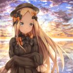  &gt;:( 1girl abigail_williams_(fate/grand_order) bangs black_bow black_dress blonde_hair blue_eyes blue_sky bow bug butterfly closed_mouth clouds cloudy_sky commentary_request crossed_arms dress fate/grand_order fate_(series) forehead frown hair_bow highres insect kyon_(kyouhei-takebayashi) long_hair long_sleeves looking_at_viewer orange_bow outdoors parted_bangs polka_dot polka_dot_bow sky sleeves_past_fingers sleeves_past_wrists solo sunset v-shaped_eyebrows very_long_hair 