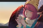  1girl aqua_eyes bangs beanie blowing blue_sky blush bob_cut brown_feathers brown_wings circe_(fate/grand_order) commentary_request cup evening fate/grand_order fate_(series) feathered_wings fingernails from_side gradient_eyes gradient_sky green_shirt half-closed_eyes hat head_wings highres holding holding_cup letterboxed logo_parody long_sleeves looking_away mountain mountainous_horizon multicolored multicolored_eyes nose_blush open_mouth orange_eyes orange_sky outdoors pink_hair pointy_ears scarf shiny shiny_hair shirt short_hair sidelocks sky solo starbucks steam upper_body white_scarf wings yellow_hat yuurei447 
