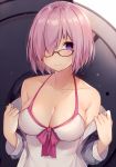  1girl bare_shoulders black-framed_eyewear blush bow breasts cleavage collarbone commentary_request fate/grand_order fate_(series) front-tie_top glasses hair_over_one_eye highres large_breasts lavender_hair long_sleeves looking_at_viewer mash_kyrielight muryotaro pink_bow shield short_hair smile sweatdrop swimsuit swimsuit_of_perpetual_summer upper_body violet_eyes white_swimsuit 