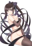  1girl absurdres black_gloves black_legwear bow breast_hold breasts brown_eyes brown_hair choker collarbone earrings elbow_gloves from_side gloves hair_bow hair_ribbon highres jewelry long_hair maxima_enfield medium_breasts naked_ribbon navel ponytail ribbon scan shining_(series) shining_blade simple_background smile solo tanaka_takayuki thigh-highs very_long_hair white_background 